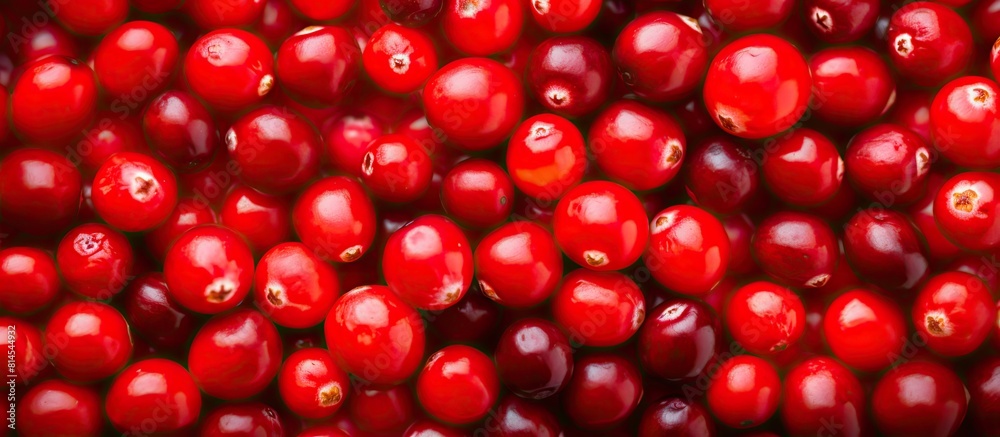 Poster A macro view of ripe red cranberries from a top down perspective capturing the vibrant colors and textures of the cranberries in a copy space image