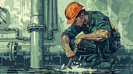 Plumber Fixing a Pipe: A skilled plumber kneels beside a leaking pipe, wrench in hand, ready to repair the damaged section and restore the flow of water 