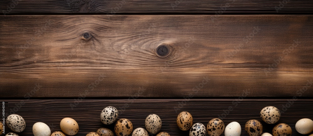 Poster A top down view of quail eggs on a wooden table with plenty of empty space for adding text or other elements in the image. with copy space image. Place for adding text or design