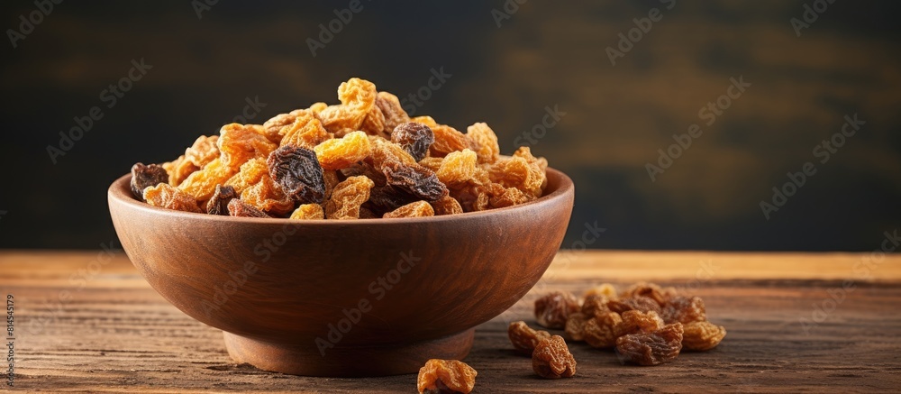 Poster wooden background with a bowl filled with dried mulberries providing ample copy space for images