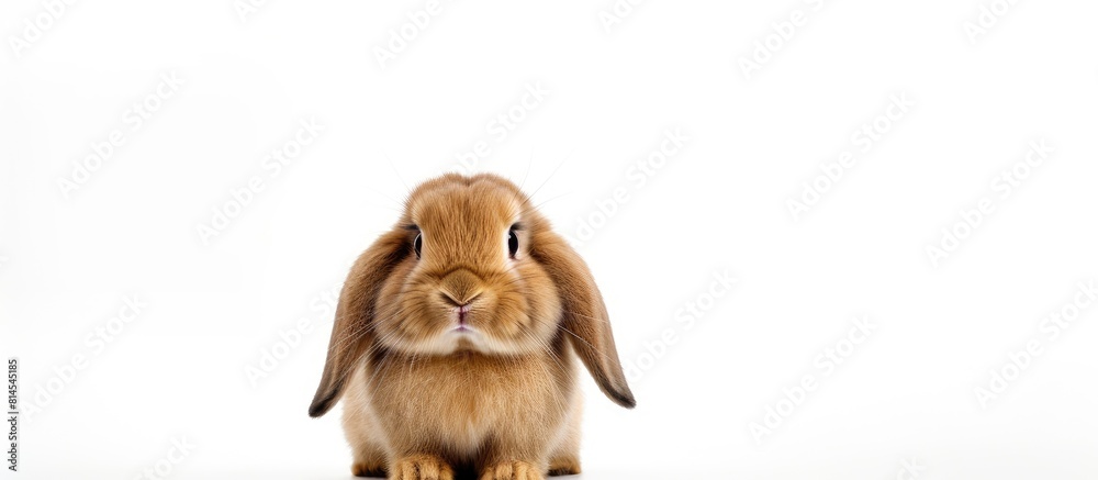 Poster a cute brown holland lop rabbit is seen in a close up shot on a white background isolated and with c