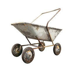Vintage rusty wheelbarrow with worn out tires and peeling paint, isolated on a black background.