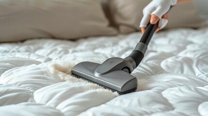 Person in White Gloves Cleaning Bed
