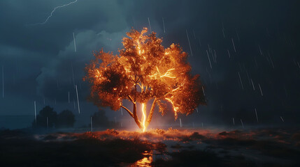 Lightning striking a tree, captured in high-speed photography