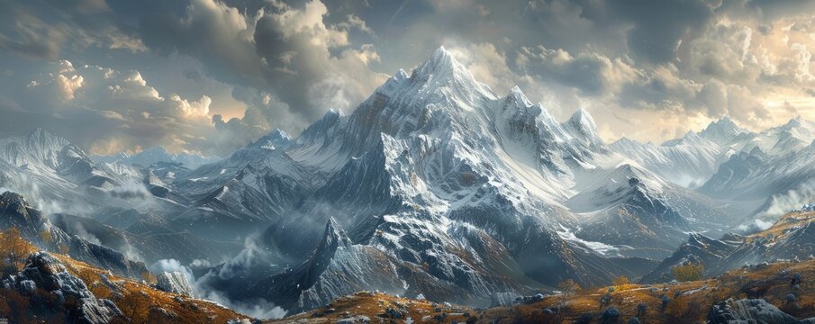 Idyllic view of snowcapped mountains against dramatic sky