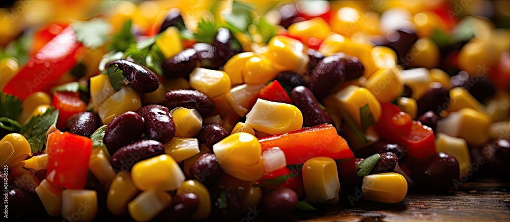 Aufkleber A close up image of a flavorful bean and corn salad topped with pepper set against a background with ample copy space