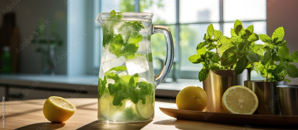 Poster a refreshing jug of homemade mojito sits on the kitchen table providing an inviting copy space image