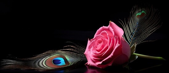 A beautiful view of small feathers from a peacock s tail and a pink rose on a black background with a copy space image showcasing the artistic display © vxnaghiyev