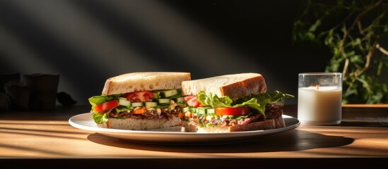 A gourmet sandwich on a plate served on a table at a food restaurant with a side of snack bread is shown in the copy space image