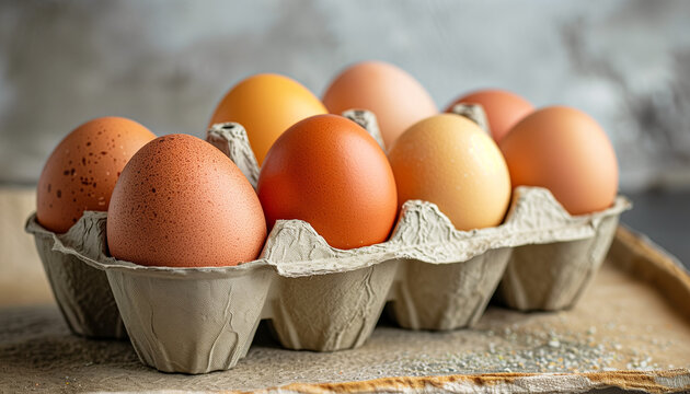 National Egg Day celebration, beautiful image of a carton of brown and white eggs on a rustic wooden table with a softfocus background - Powered by Adobe
