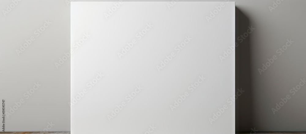 Poster A white canvas mockup displaying a blank picture is placed on a shelf against the wall The presence of shadows adds depth to the image. with copy space image. Place for adding text or design