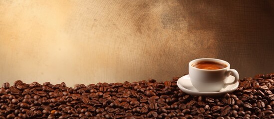 An old background with coffee beans serves as the backdrop for a cup of coffee The image has ample copy space
