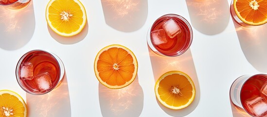 A flat lay shot of Negroni cocktails made with blood oranges featuring shadows and a white background ideal for copy space image