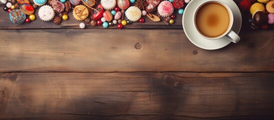 Copy space image of vintage wooden background with sweet candies and cups of coffee