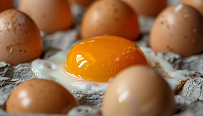 High resolution image capturing the essence of National Egg Day with a focus on a cracked egg with a vibrant yolk surrounded by whole eggs in softfocus