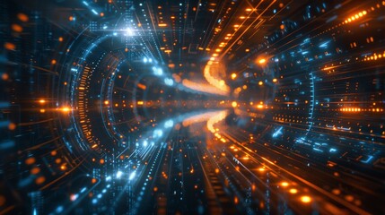 Naklejka premium A digital wave background with a dynamic network system, artificial neural connections, quantum computing, and global electronic intelligence is presented as an abstract background