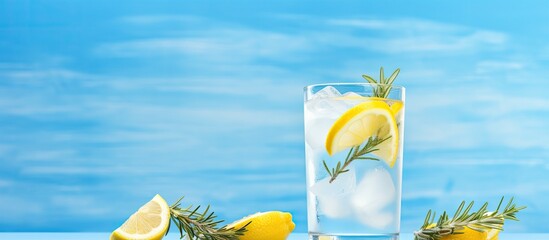 A refreshing beverage combining lemonade or a vodka cocktail infused with lemon and rosemary is served on a light blue table creating an inviting and vibrant scene with ample copy space for creative u