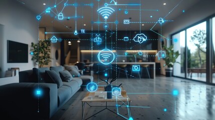 Connected devices in a modern smart home interior. Blue digital symbols floating nearby.
