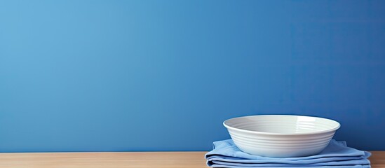 A copy space image of a white dish cloth and an empty plate sitting on a blue kitchen table