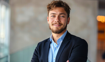 Fototapeta premium Confident Young Manager with Beard in Modern Office Setting, Exuding Leadership and Professionalism, Perfect for Corporate and Business Themes