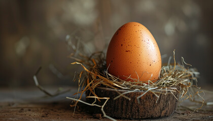Single brown egg resting in a nest of straw on a wooden table, representing natural freshness, ideal for celebrating National Egg Day