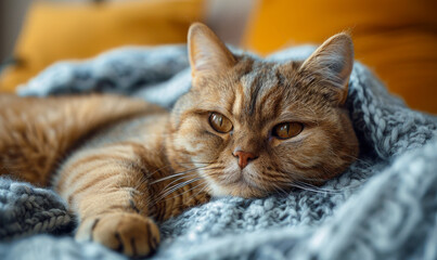 Relaxed British Shorthair Cat Lounging on a Soft Blue Blanket in a Cozy Home Environment, Perfect for Pet Comfort and Design Ideas