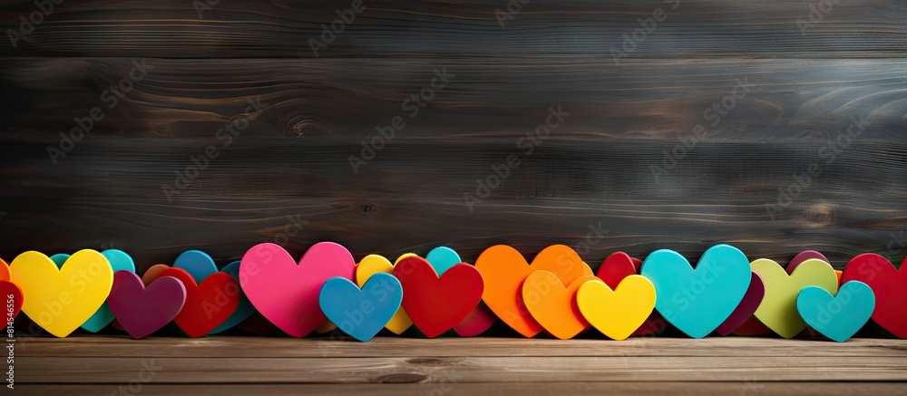Poster A copy space image of colorful cardboard hearts placed on a wooden table with an empty space