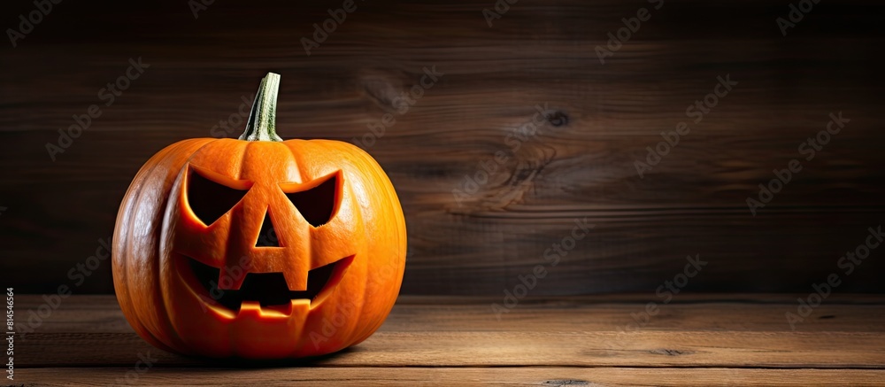 Aufkleber A Halloween pumpkin head jack o lantern placed on a wooden background providing ample copy space for displaying festive images
