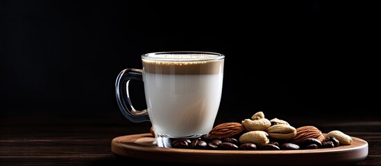 A view of a vegan raw nuts cocktail with an espresso cup presented on a white wooden background This vegetarian dessert is perfect for breakfast and is a healthy food option The image provides ample