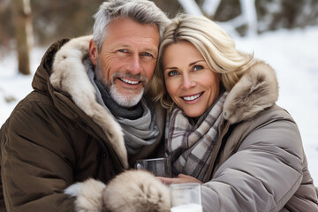 Obraz premium Generated with AI image of a beautiful cheerful couple walking enjoying winter picnic outdoors