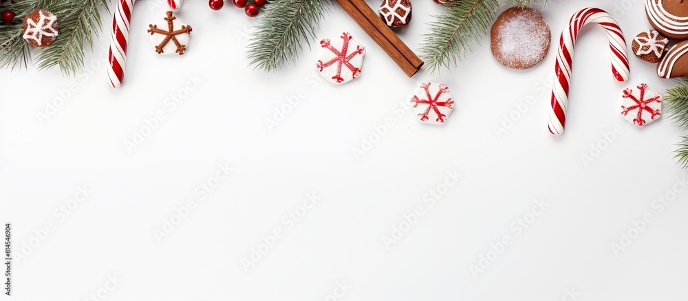 Poster A festive Christmas themed flat lay with a gingerbread a winter tree and a candy cane on a white background offering ample copy space in the top view image