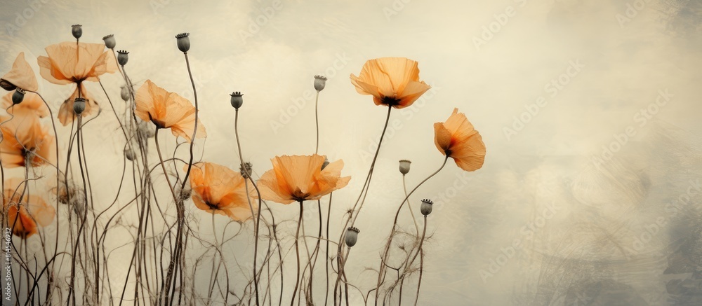 Aufkleber An image of a textured old paper background featuring dry seed pods of breadseed poppy. with copy space image. Place for adding text or design