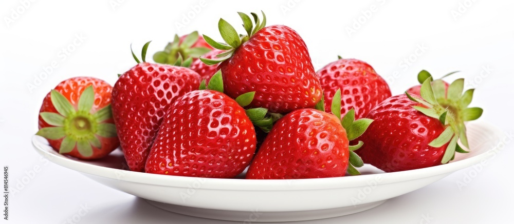 Aufkleber A close up view from above of a plate of fresh strawberries which are part of a healthy raw diet The image is isolated on a white background and includes copy space for text or framing