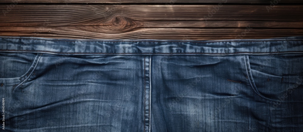 Poster Blue jean viewed from above isolated on a wooden backdrop The image offers room for text. with copy space image. Place for adding text or design