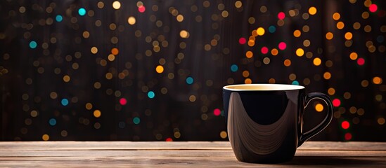 A black coffee cup surrounded by white and colored dots rests on a vintage wooden background creating a peaceful copy space image