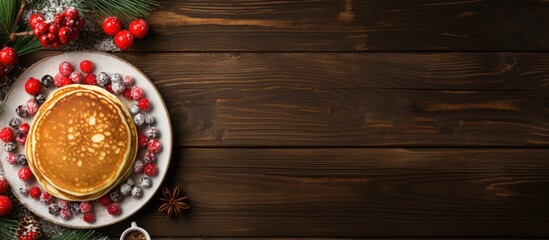 Fototapeta premium A vintage Christmas background with an overhead view of butter topped pancakes served for breakfast on a wooden table providing a copy space image