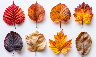Vibrant Autumn Leaves Array on White Background, Colorful Fall Foliage Collection Featuring Reds, Golds, and Yellows Showcasing Seasonal Change and Beauty