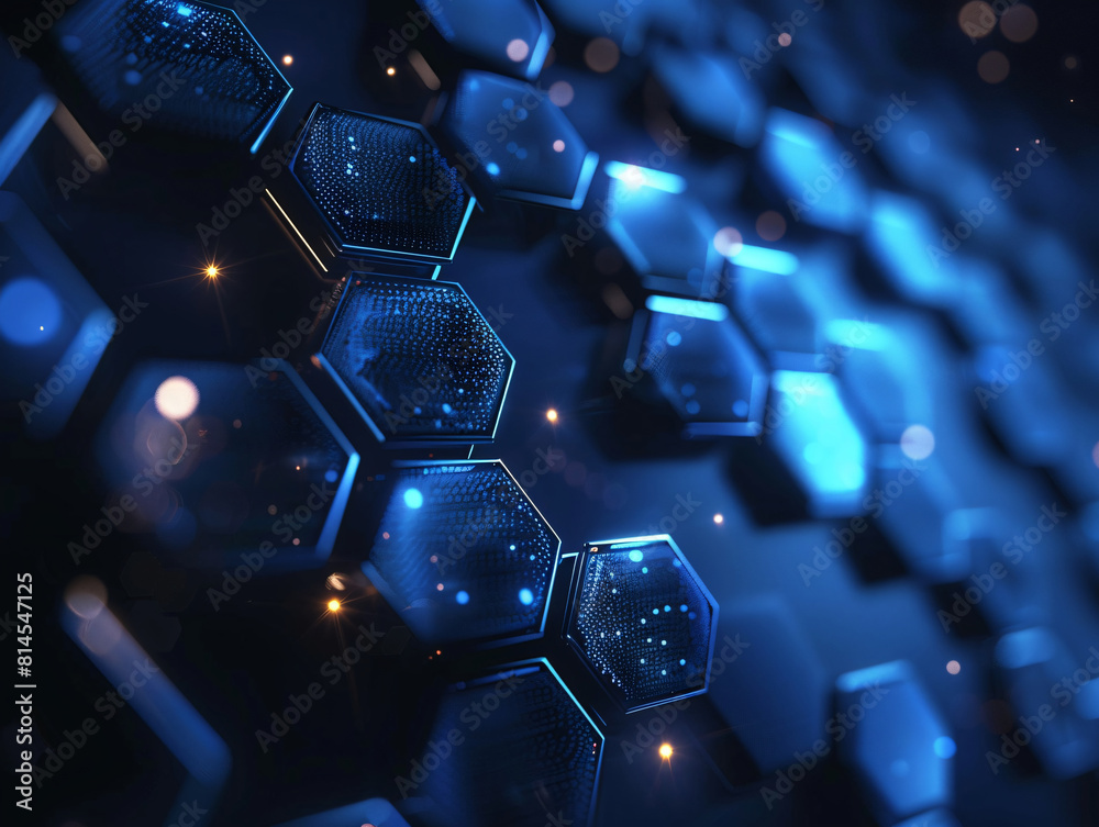 Poster Vibrant Blue Hexagonal Geometry Displaying a Dynamic Composition of Light Points and Lines. The Sharp Contrast of Colors and Geometric Shapes Highlight the Unique Design. Dark Background