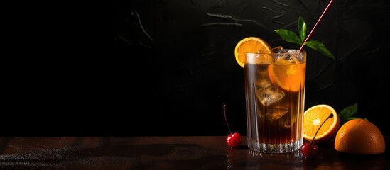 A dark stone background with space for your text featuring a tequila sunrise cocktail adorned with an orange slice maraschino cherry and straws. with copy space image. Place for adding text or design