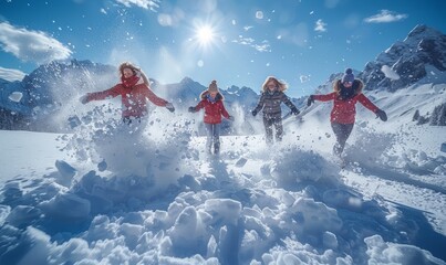 Group of friends playing in the snow and having a snowball fight on a mountain. Achenkirch, Tirol, Austria