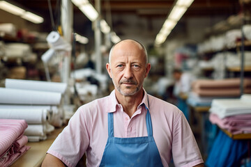 Fototapeta premium Generative AI young business owner standing on clothing store fabric clothing production boutique