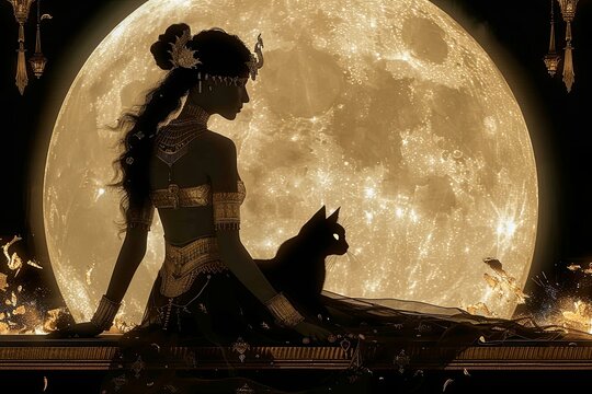 Egyptian queen Cleopatra and black cat illustration