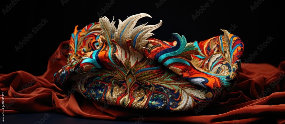Poster A vibrant Blangkon a batik fabric headpiece traditionally worn by men in Java adding a touch of color and culture to their ensemble. with copy space image. Place for adding text or design