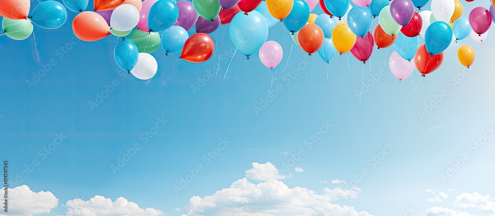 Poster A clear blue sky serves as a backdrop for a vibrant display of colorful balloons creating an image with plenty of open space. with copy space image. Place for adding text or design