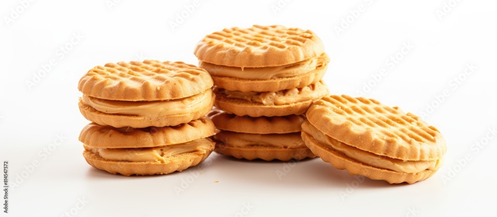 Aufkleber sandwich biscuits filled with peanut butter shown on a white background with copy space image