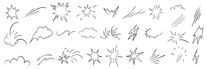 comic speed lines and clouds design element collection. Manga or anime comic emoticon element graphic effects hand drawn doodle vector