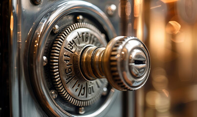 Close-up View of Vintage Safe Lock Combination Dial, Detailed and Intricate Security Device in Warm Ambient Light - Perfect for Concepts on Safety, Security, and Protected Assets