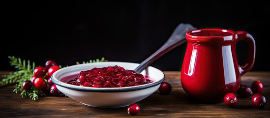 Copy space image of cranberry sauce in a pitcher placed on a rustic wooden table