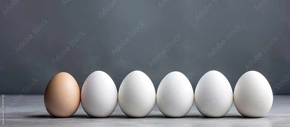 Poster a copy space image of chicken eggs white in color against a gray backdrop