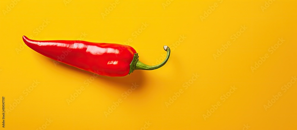 Poster Top view of a red chili pepper on a yellow background The image is a flat lay with a close up view that leaves empty space for copy It exemplifies the concept of food